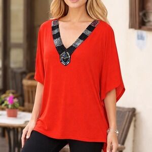 Soft Surroundings Red Beaded V-Neck Poncho Tunic Top Womens L/XL